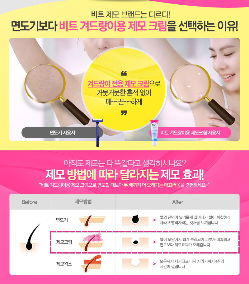 세계 1위 제모 브랜드는 다르다! 면도기보다 비트 겨드랑이용 제모 크림을 선택하는 이유! | 아직도 제모는 다 똑같다고 생각하시나요? 제모 방법에 따라 달라지는 제모 효과! '비트 겨드랑이용 제모 크림으로 면도할 때보다 두배까지 더 오래다는 매끄러움을 경험하세요