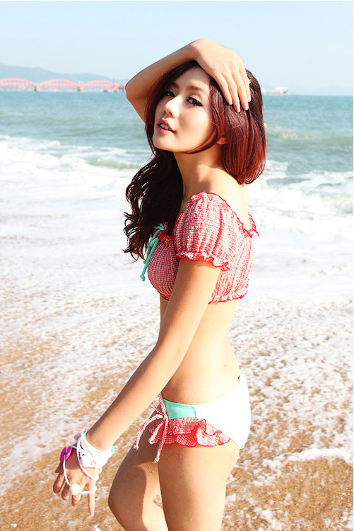 リボン付ギンガムチェック柄オープンショルダービキニ2点セット