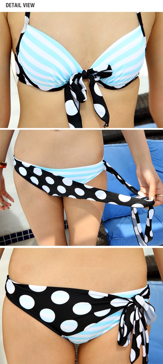ドット柄&ストライプのリボン付ビキニ2点セット