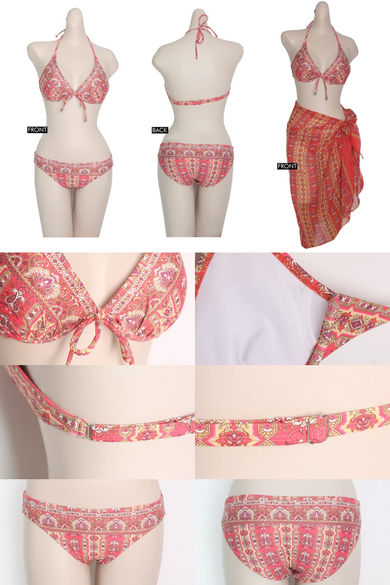 エスニック柄ホルターネック上下ビキニ＆ロングパレオ付き3点セット水着