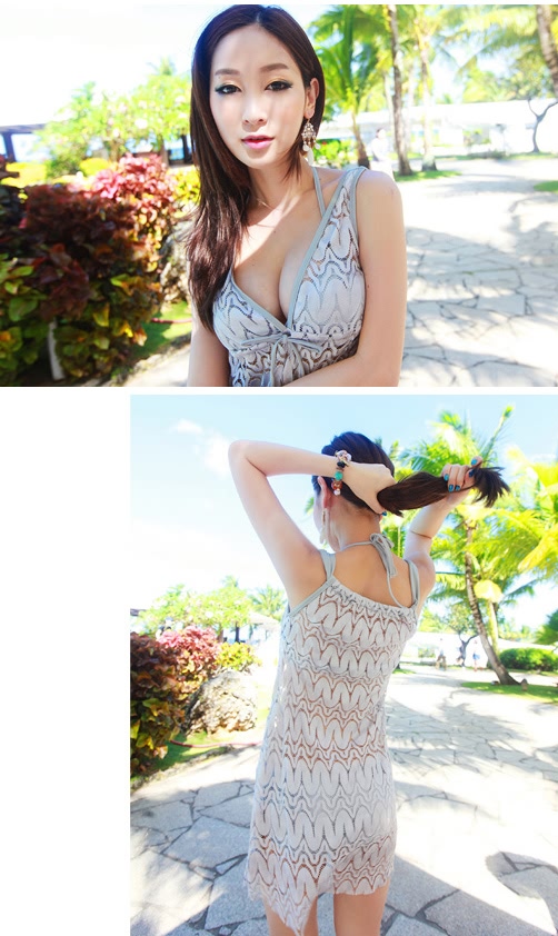 無地ホルターネック上下ビキニ＆メッシュ素材ワンピースの3点セットレディースビキニ