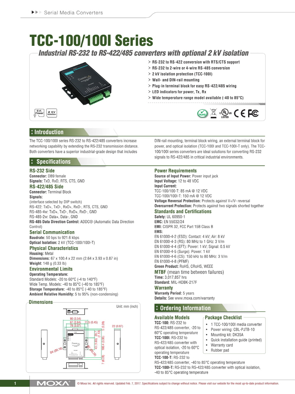 MOXA] TCC-100I RS232 to RS422/485 시리얼컨버터-정보통신전문-EXATEK