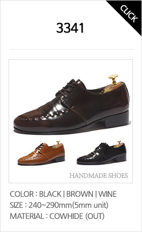 3341 옥스포드-색상: 블랙,와인,브라운 사이즈:240~290 국내산천연소가죽(외피), 앞코의 라인을 따른 가죽스티치와 셔링처리로 스타일을 돋보이는 3홀의 옥스포드 수제화입니다. 이미지를 클릭하면 상세페이지팝업창을 볼 수 있습니다.