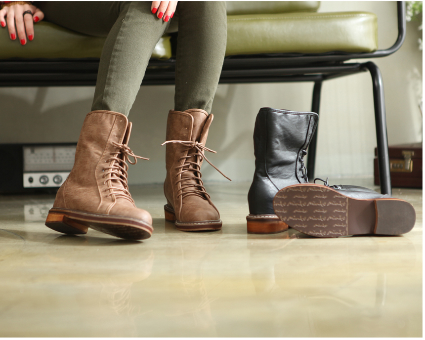 HJ49-036-5A] 女性ヴィンテージスタイルのレースアップファッション 太めヒール  コンバット・インヒールブーツ/ブラック、ブラウン /23cm~ 25cm