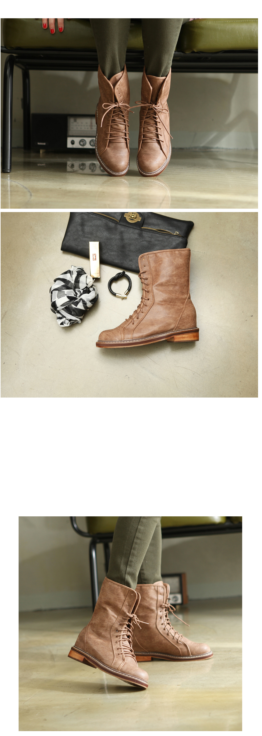 HJ49-036-5A] 女性ヴィンテージスタイルのレースアップファッション 太めヒール  コンバット・インヒールブーツ/ブラック、ブラウン /23cm~ 25cm