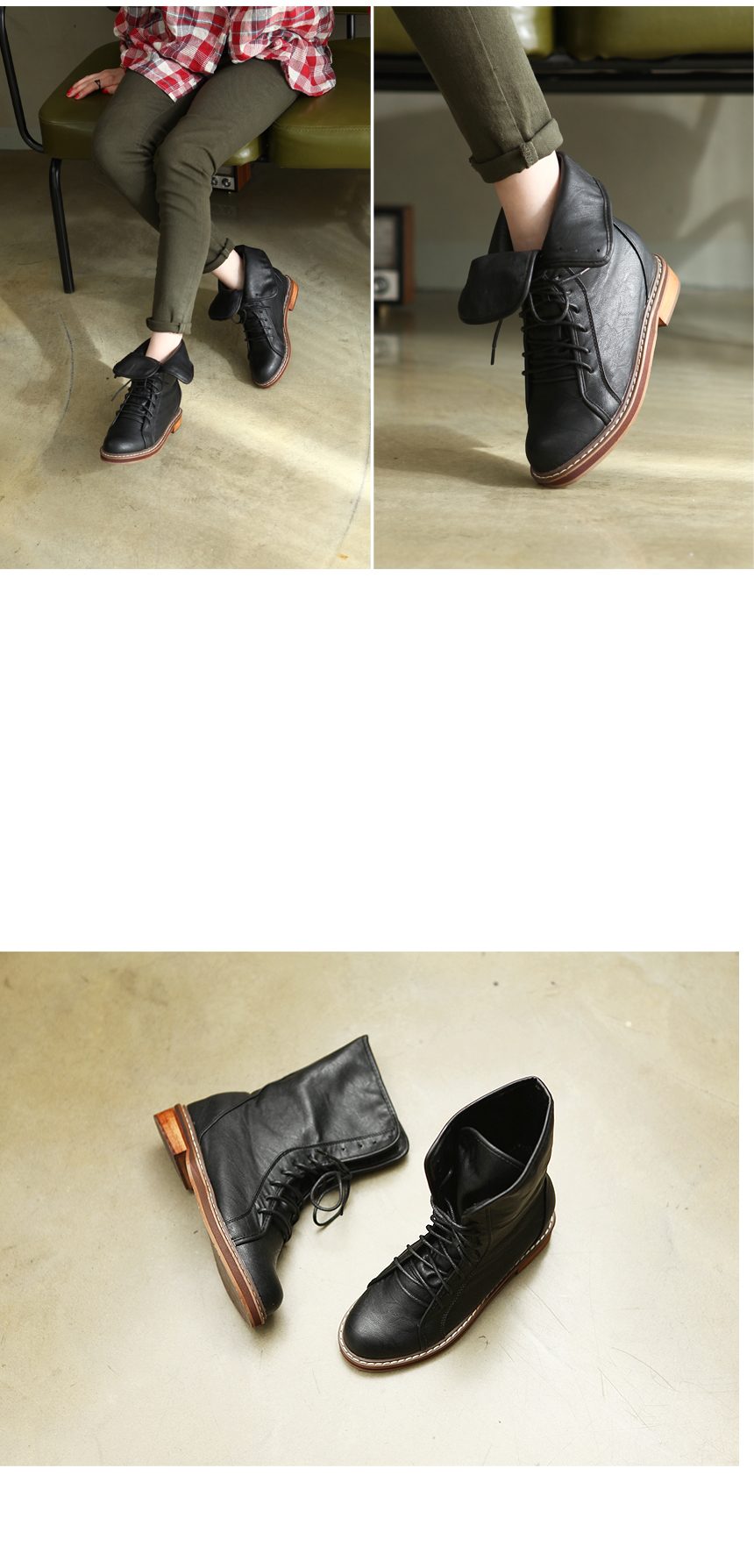 HJ49-036-5A] 女性ヴィンテージスタイルのレースアップファッション 太めヒール  コンバット・インヒールブーツ/ブラック、ブラウン /23cm~ 25cm