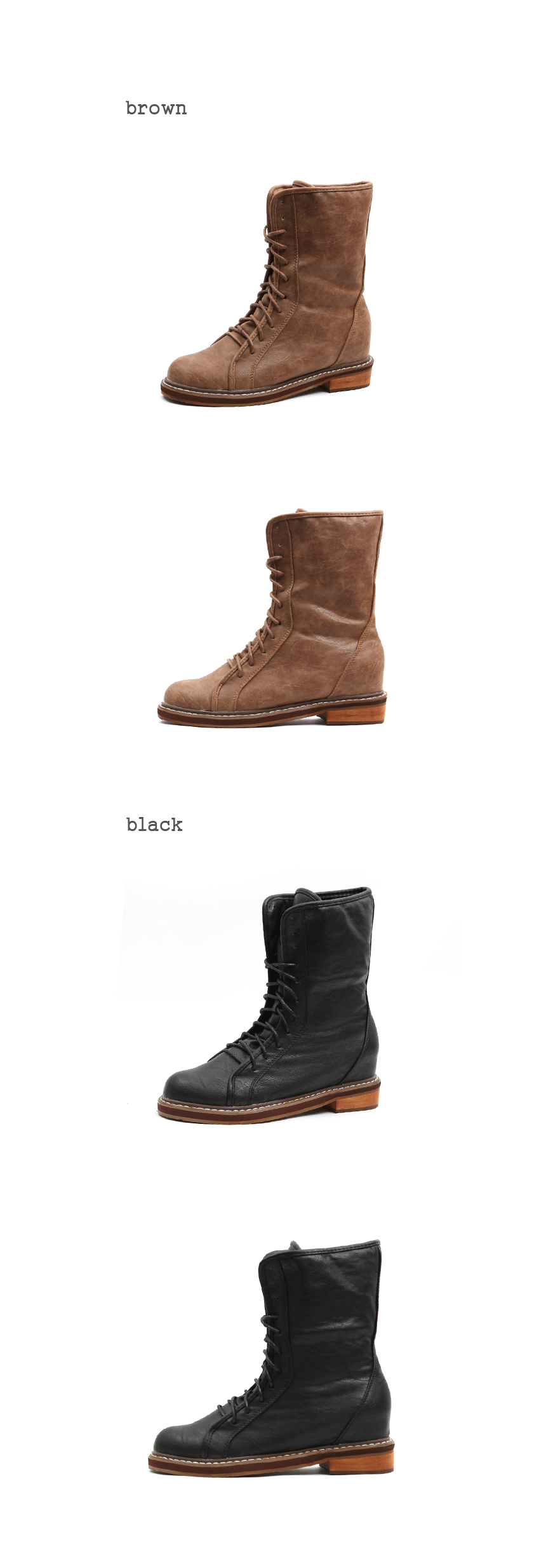 HJ49-036-5A] 女性ヴィンテージスタイルのレースアップファッション 太めヒール  コンバット・インヒールブーツ/ブラック、ブラウン /23cm~ 25cm