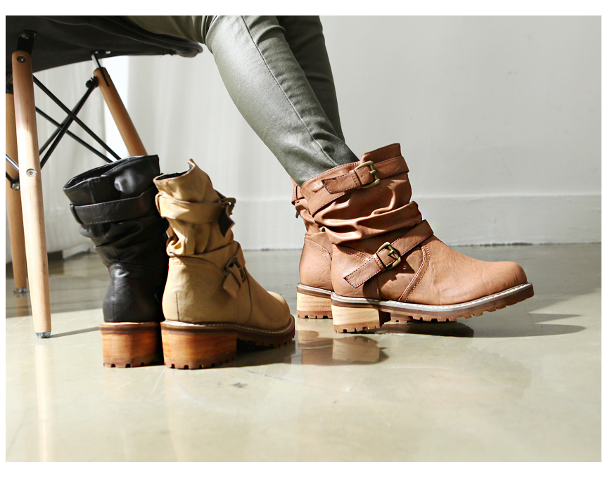 [HJ49-043] 女性ヴィンテージスタイルのダブルベルト くしゅくしゅ 太めヒール コンバットブーツ / ブラック,ブラウン,