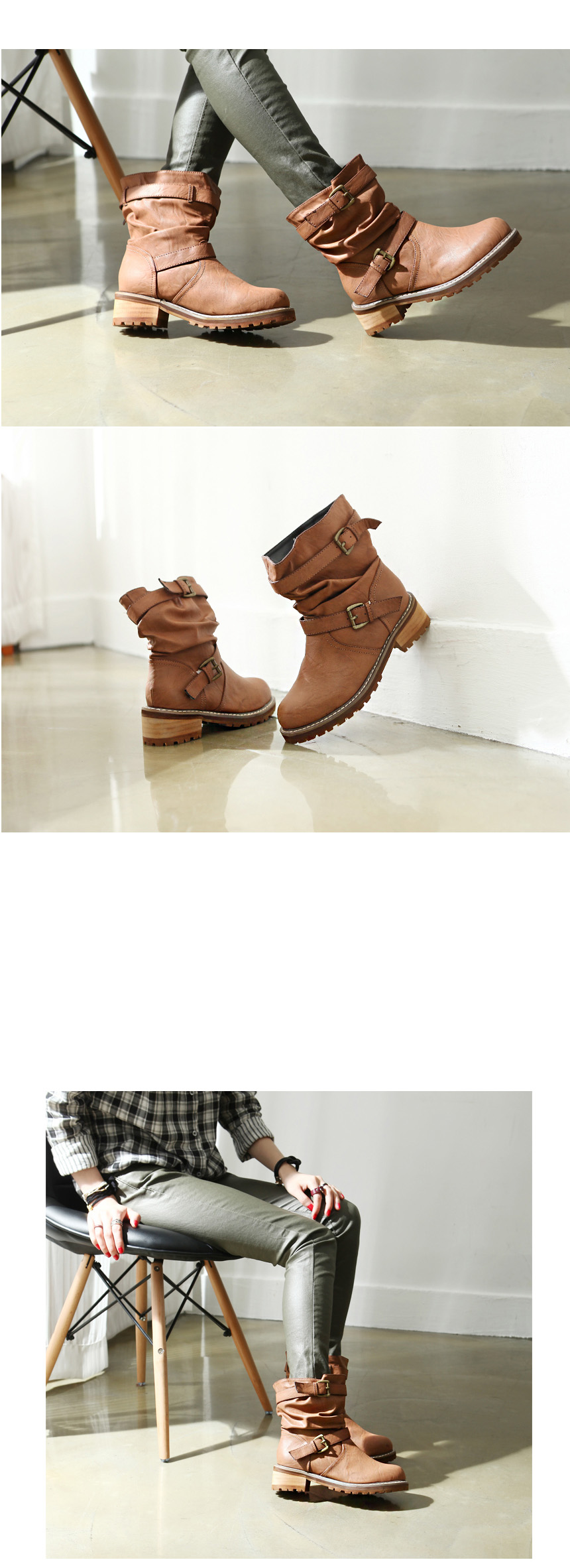 [HJ49-043] 女性ヴィンテージスタイルのダブルベルト くしゅくしゅ 太めヒール コンバットブーツ / ブラック,ブラウン,