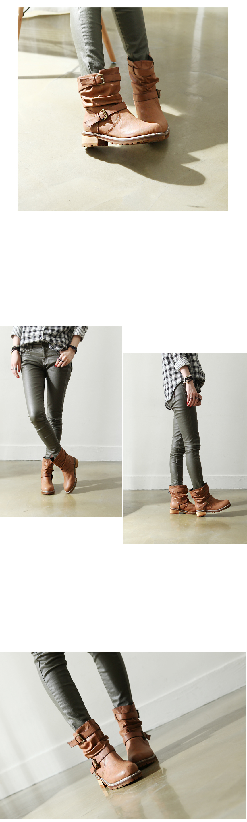 [HJ49-043] 女性ヴィンテージスタイルのダブルベルト くしゅくしゅ 太めヒール コンバットブーツ / ブラック,ブラウン,