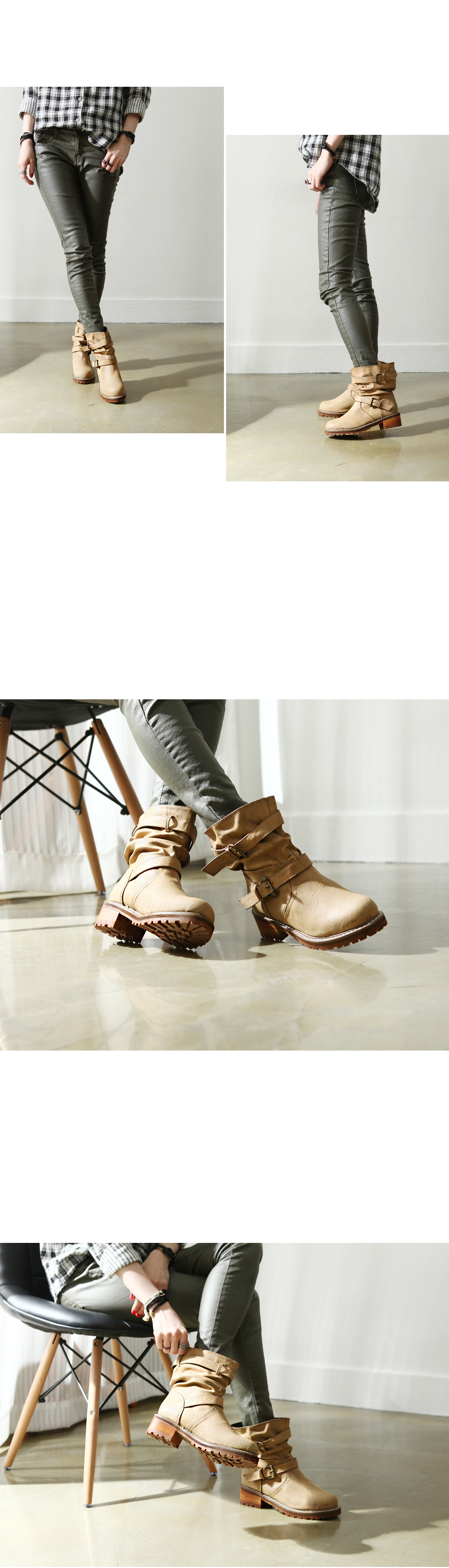 [HJ49-043] 女性ヴィンテージスタイルのダブルベルト くしゅくしゅ 太めヒール コンバットブーツ / ブラック,ブラウン,