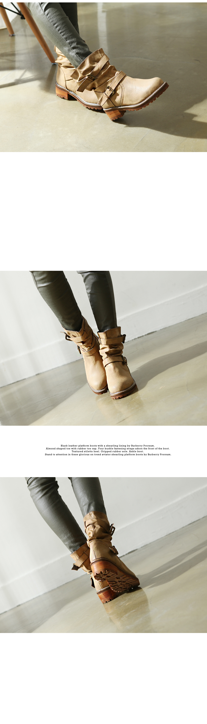 [HJ49-043] 女性ヴィンテージスタイルのダブルベルト くしゅくしゅ 太めヒール コンバットブーツ / ブラック,ブラウン,