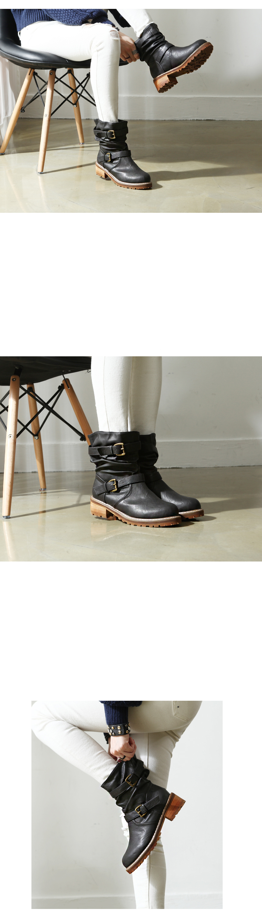 [HJ49-043] 女性ヴィンテージスタイルのダブルベルト くしゅくしゅ 太めヒール コンバットブーツ / ブラック,ブラウン,