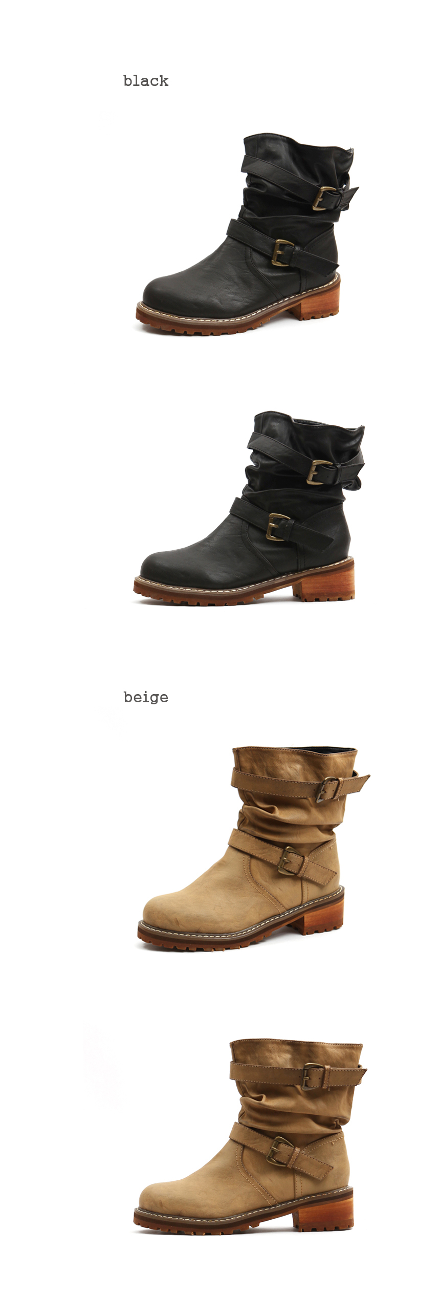 [HJ49-043] 女性ヴィンテージスタイルのダブルベルト くしゅくしゅ 太めヒール コンバットブーツ / ブラック,ブラウン,