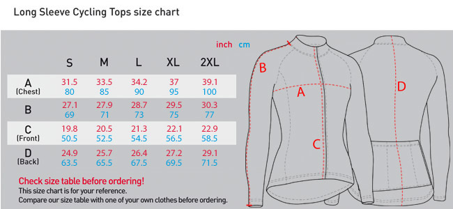 Fixgear Long sleeve size chart