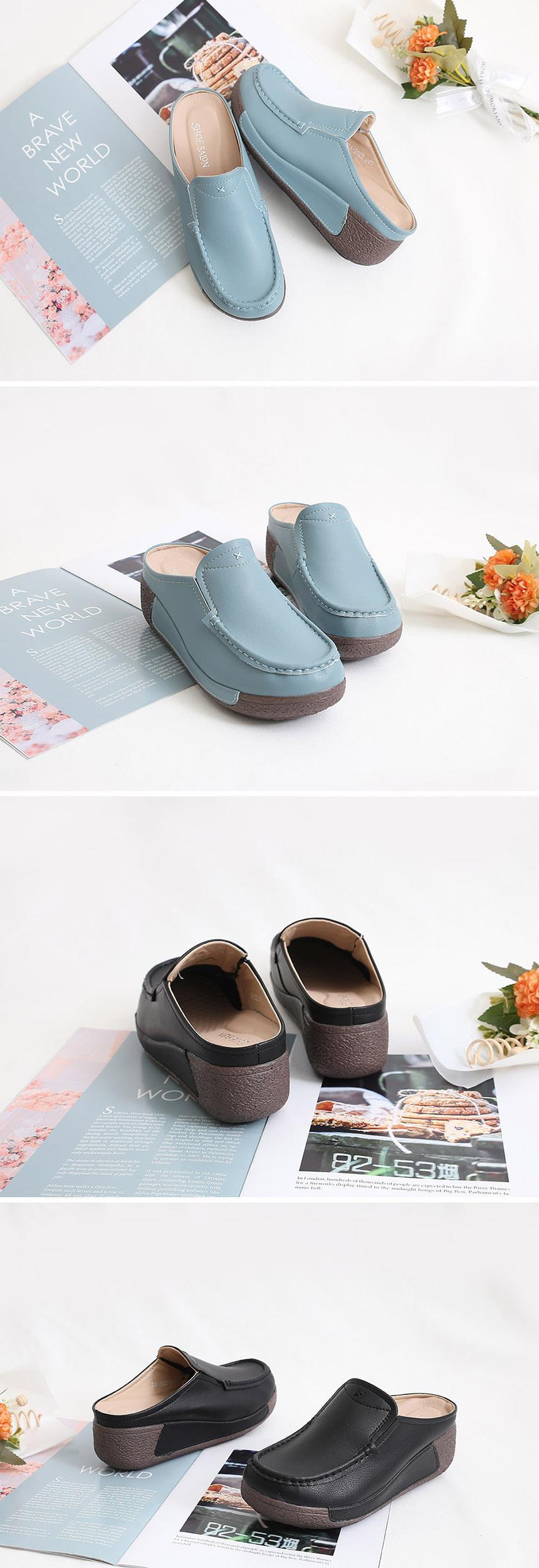 여성 가죽 키높이 여성뮬슬리퍼형샌들