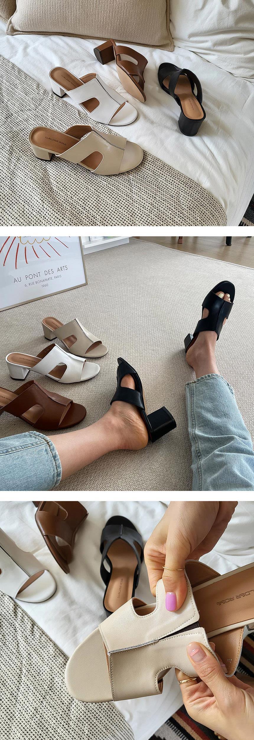 천연 소가죽 H 여성뮬슬리퍼형샌들