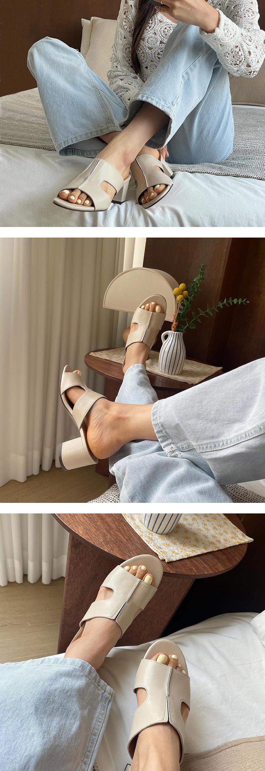 천연 소가죽 H 여성뮬슬리퍼형샌들