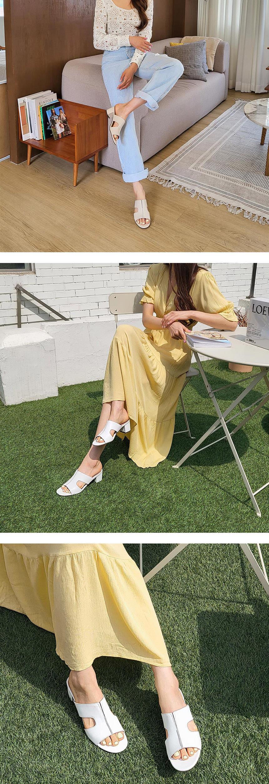 천연 소가죽 H 여성뮬슬리퍼형샌들