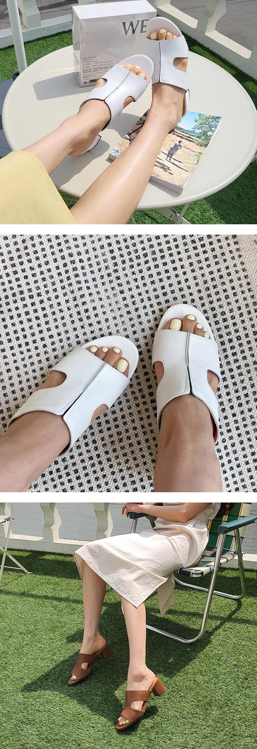 천연 소가죽 H 여성뮬슬리퍼형샌들