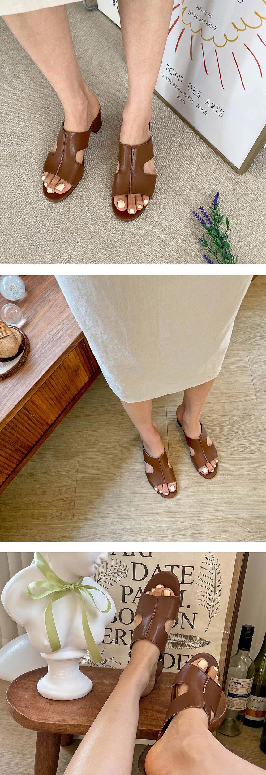 천연 소가죽 H 여성뮬슬리퍼형샌들