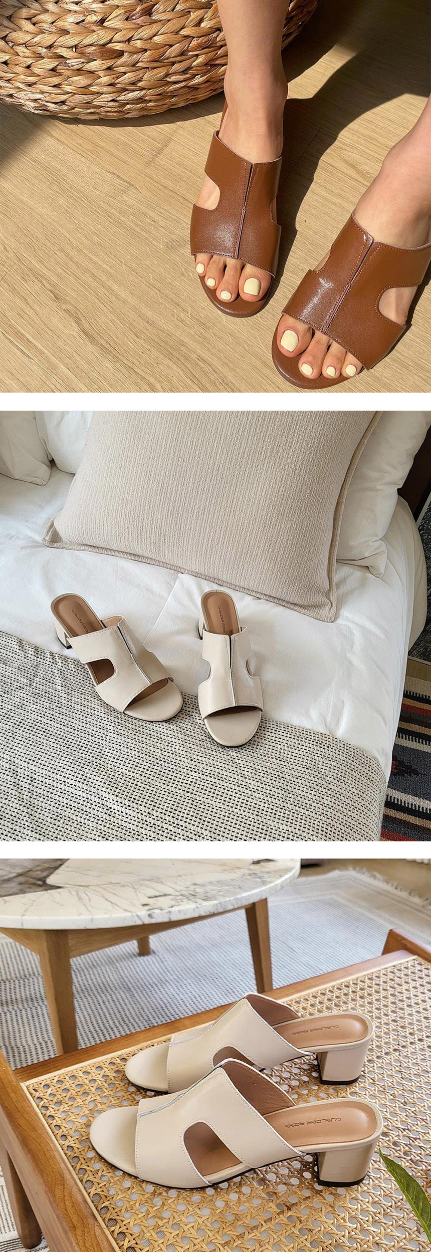 천연 소가죽 H 여성뮬슬리퍼형샌들