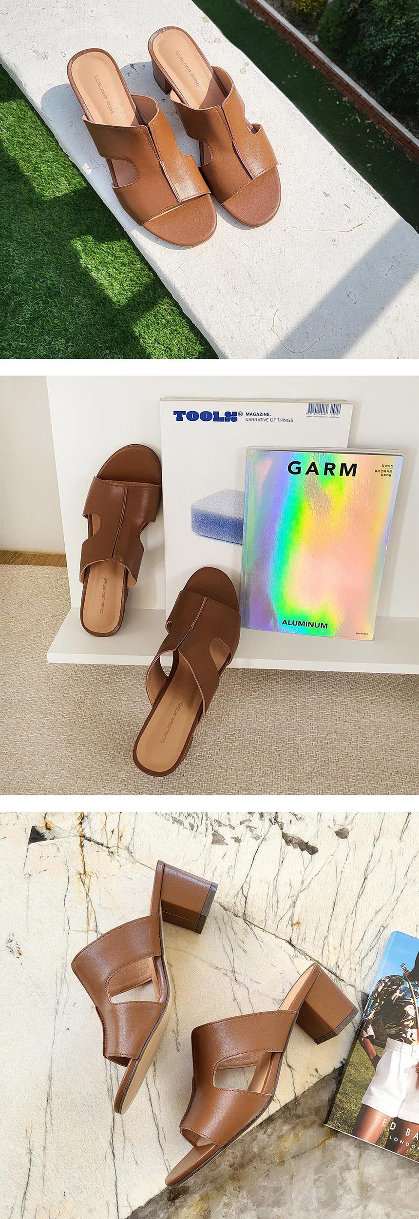 천연 소가죽 H 여성뮬슬리퍼형샌들