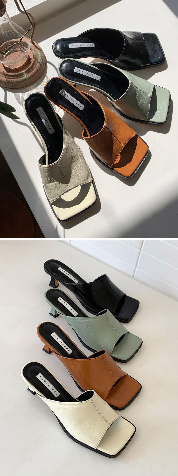 토오픈 사각코 미들힐 여성뮬슬리퍼형샌들