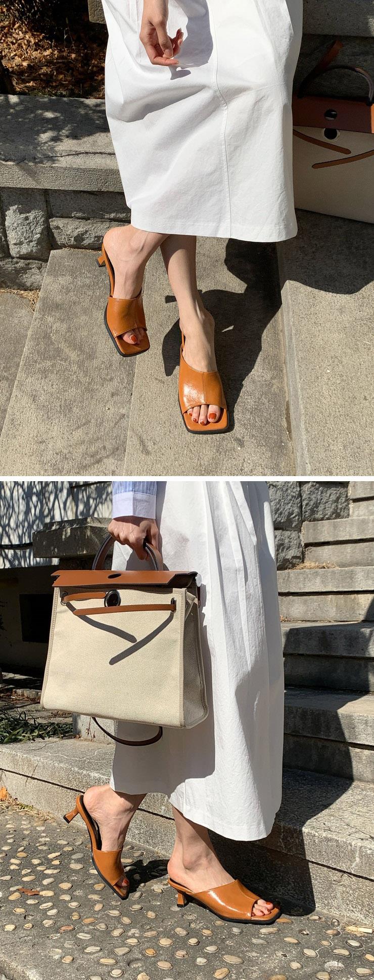 토오픈 사각코 미들힐 여성뮬슬리퍼형샌들