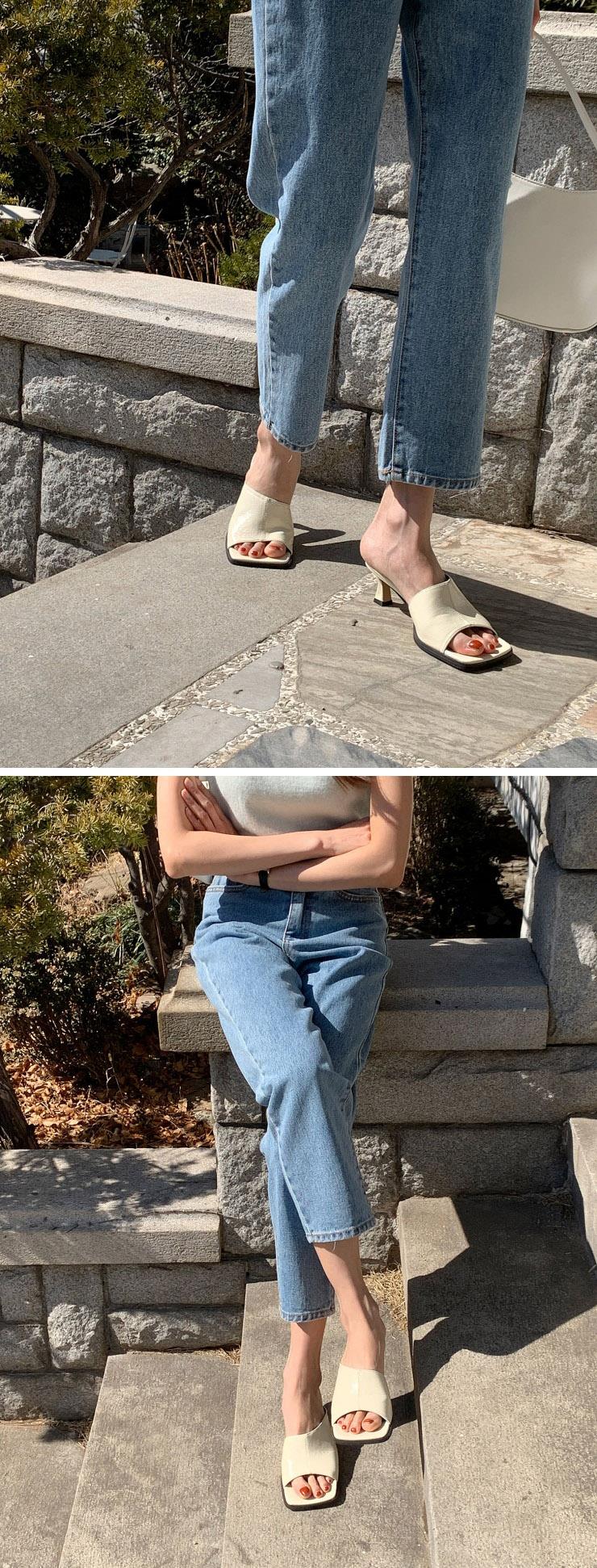 토오픈 사각코 미들힐 여성뮬슬리퍼형샌들