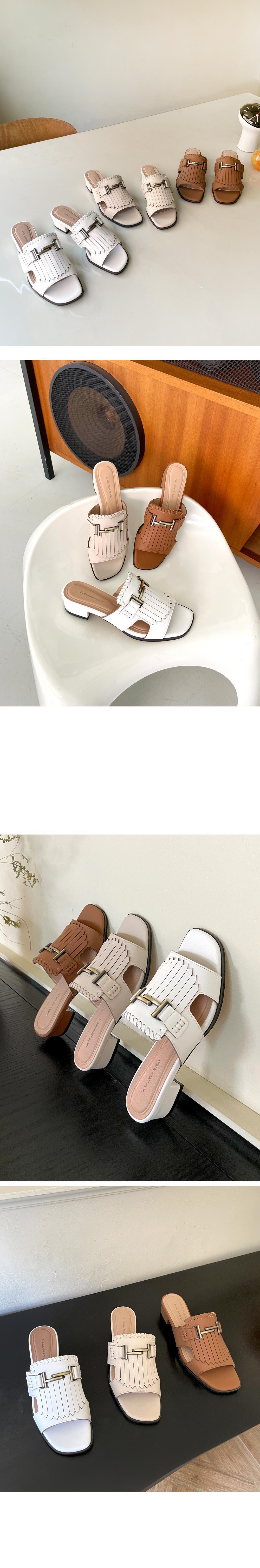 천연 소가죽 프린지 여성뮬슬리퍼형샌들