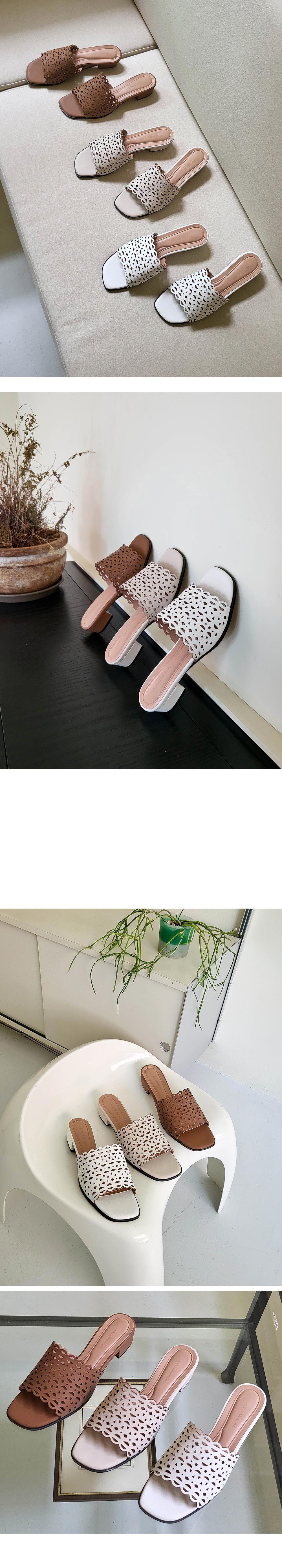 천연 소가죽 펀칭 여성뮬슬리퍼형샌들