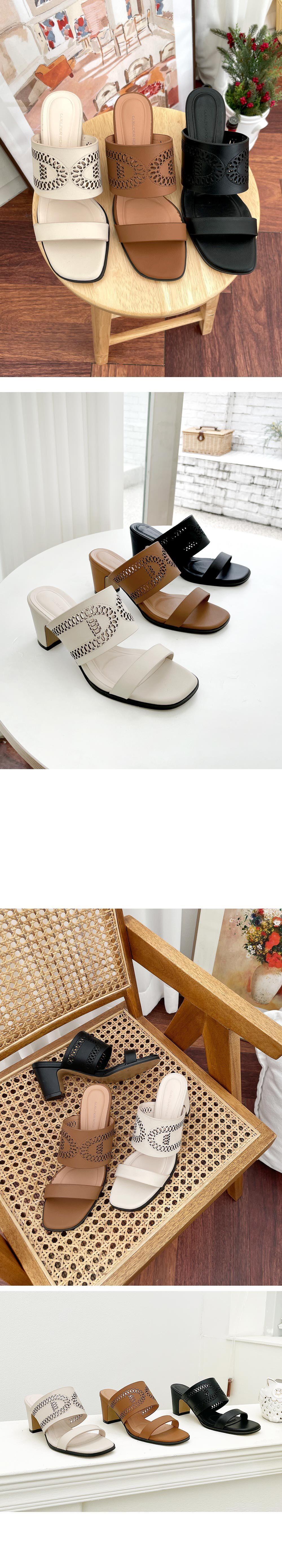 천연 소가죽 펀칭 여성뮬슬리퍼형샌들