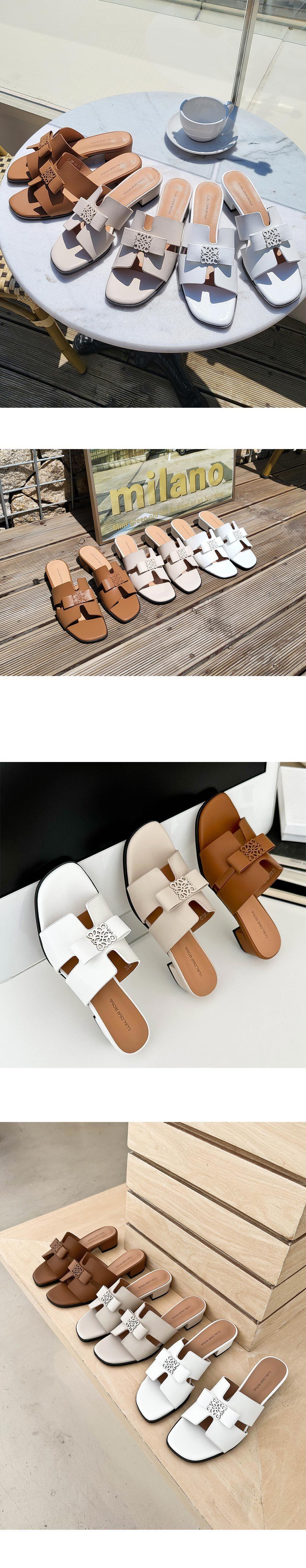 천연 소가죽 리본 여성뮬슬리퍼형샌들