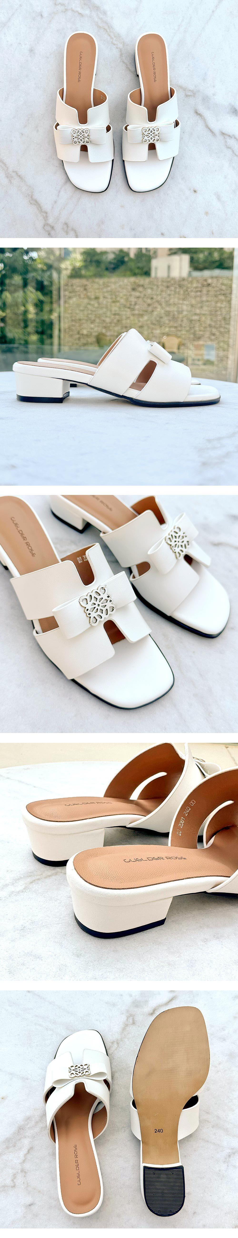 천연 소가죽 리본 여성뮬슬리퍼형샌들