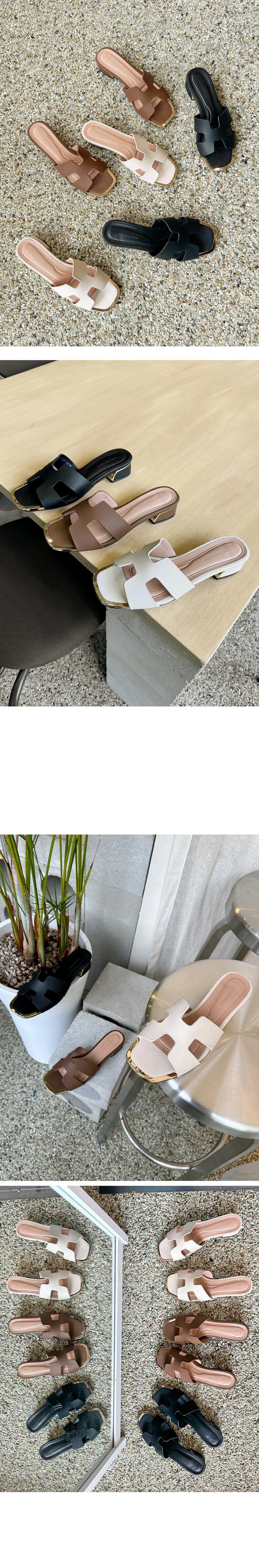 천연 소가죽 H 여성뮬슬리퍼형샌들