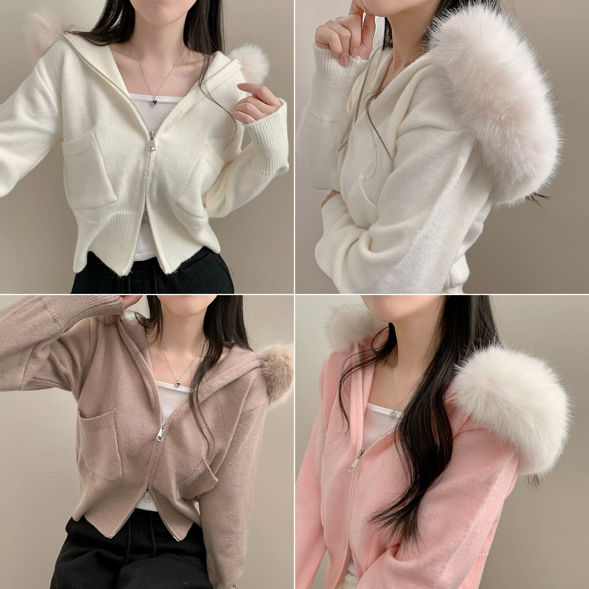 ポケットファー付きフード2WAYクロップドニットパーカー