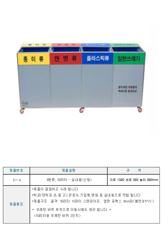 실내용보급형 신형 4분류 50리터 분리수거함 공공장소 분리수거함 분리수거상자 분리수거박스 청소도구 정리함 쓰레기정리함 쓰레기박스 쓰레기분류박스 쓰레기분류함