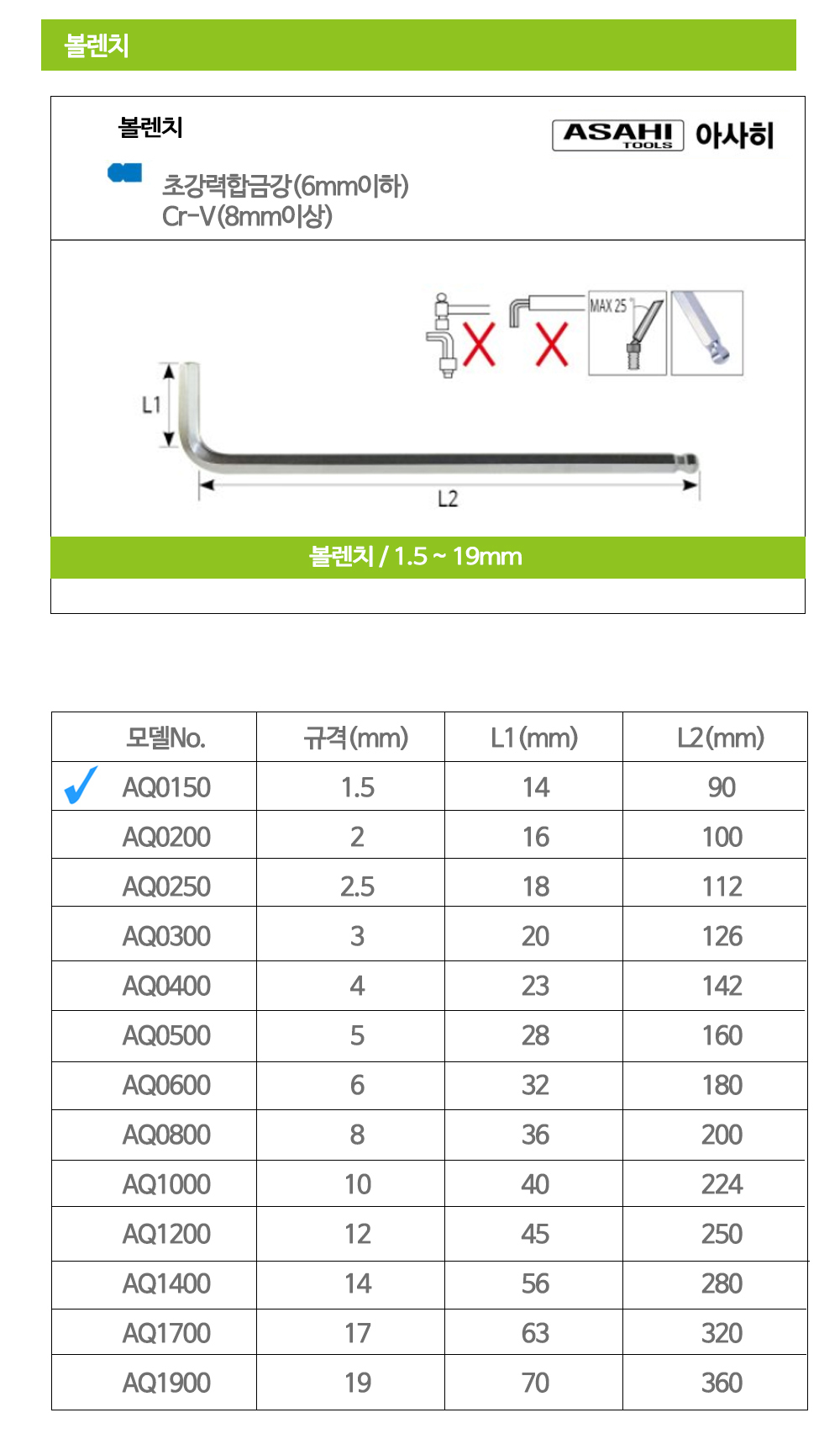 아시히 볼렌치 AQ0150 1.5mm