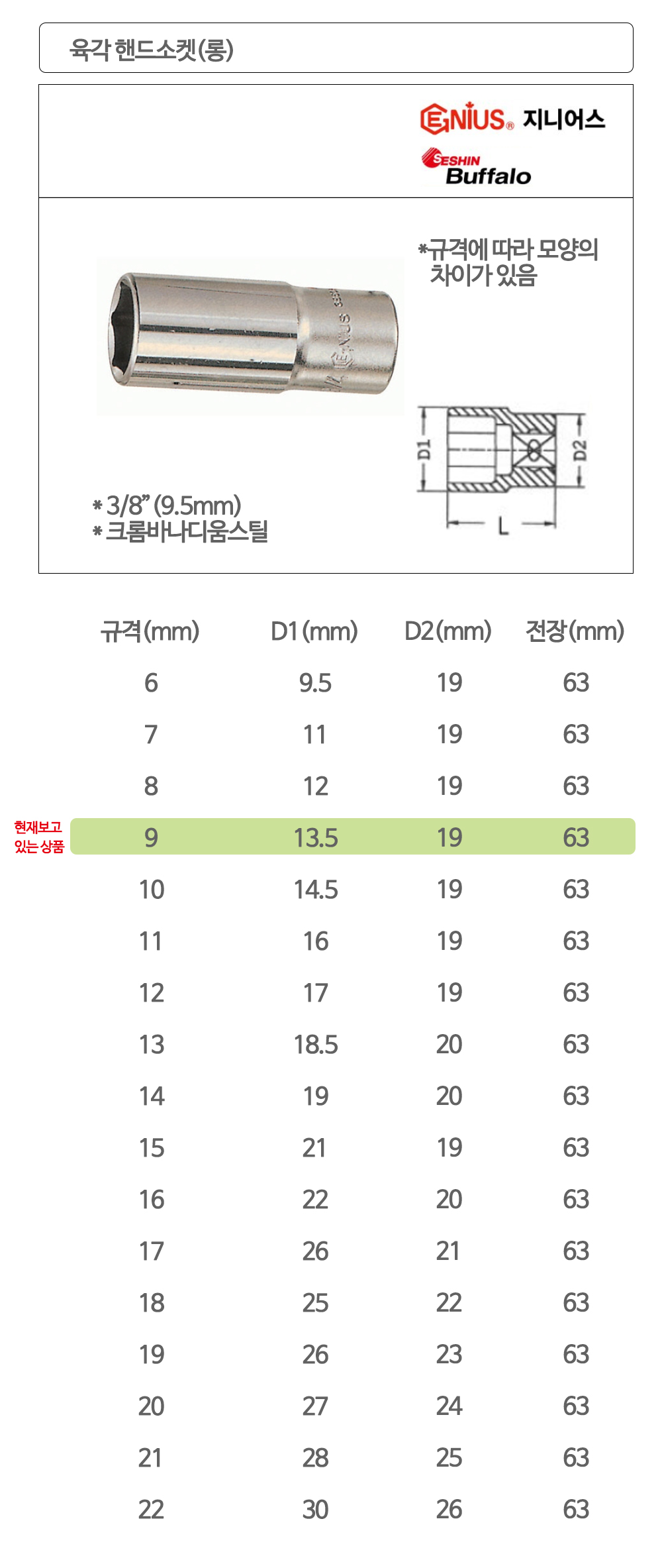 지니어스 육각 롱핸드소켓 복스알 3/8x9mm