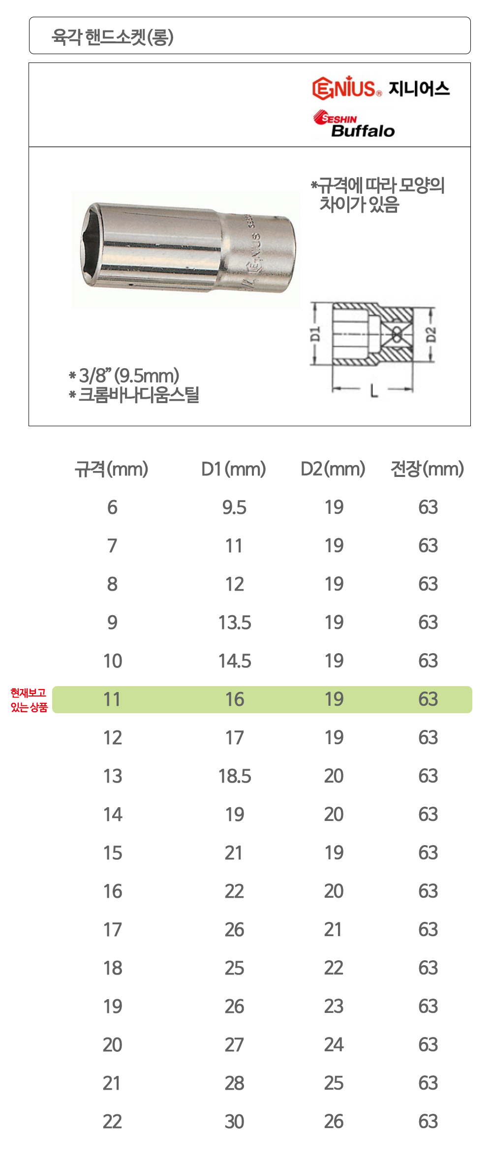 지니어스 육각 롱핸드소켓 복스알 3/8x11mm
