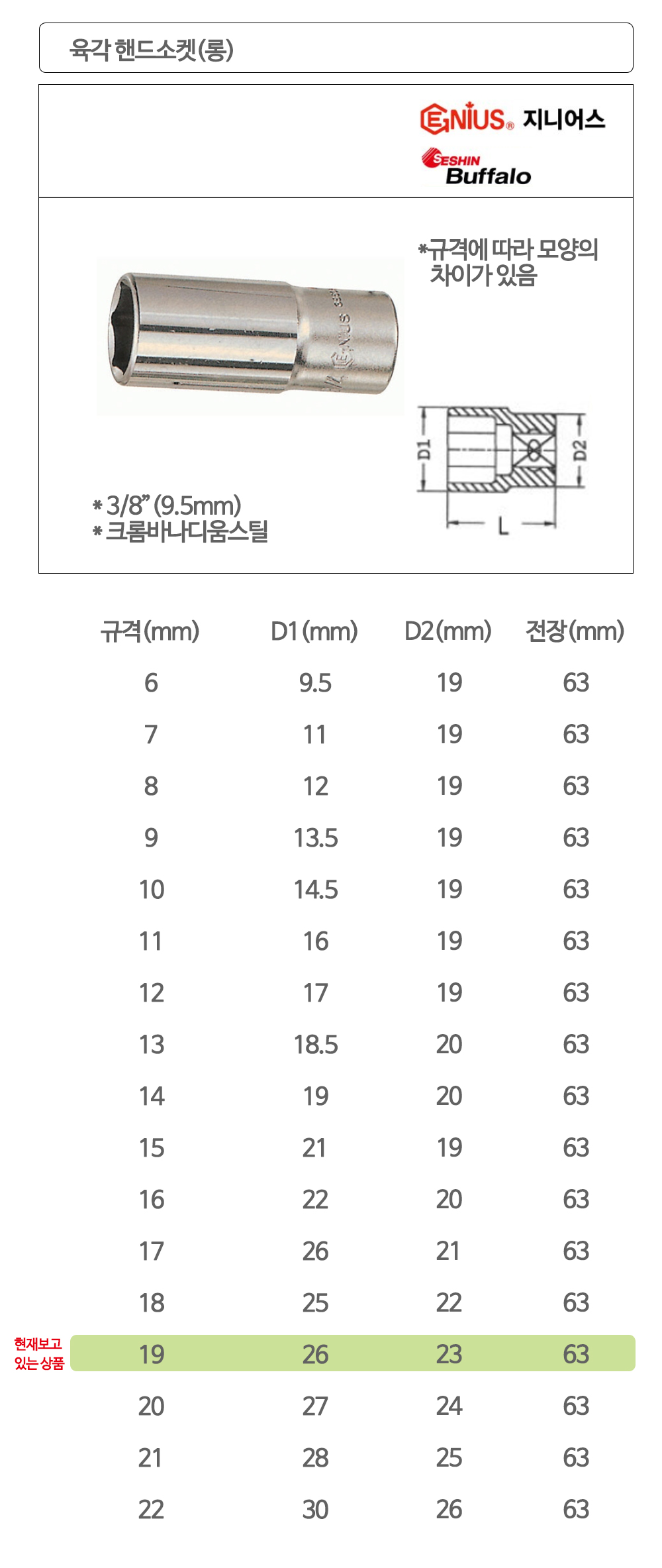 지니어스 육각 롱핸드소켓 복스알 3/8x19mm