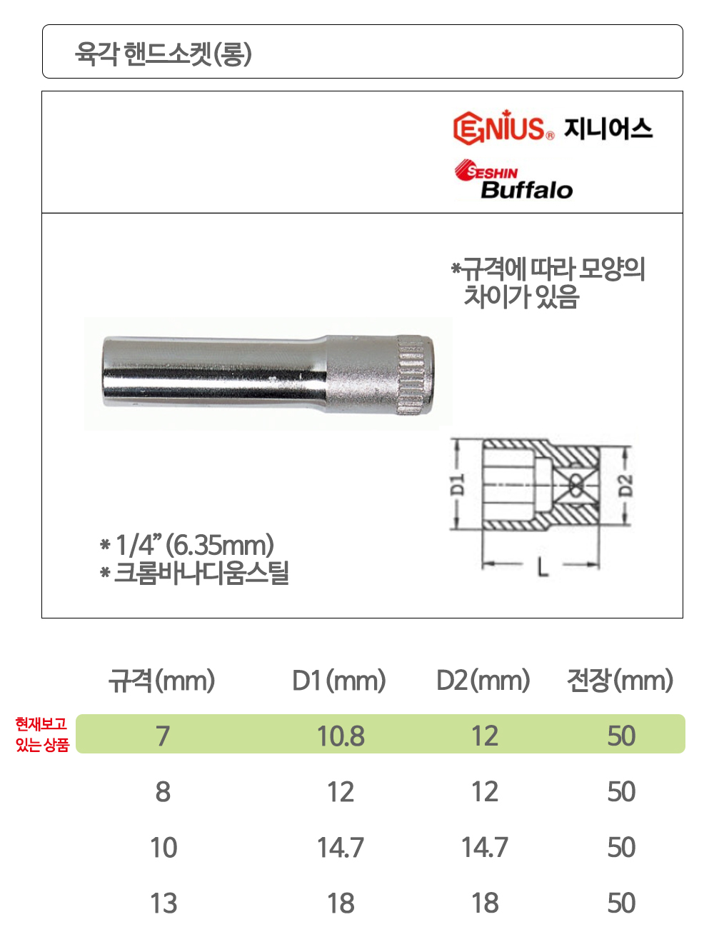 지니어스 육각 롱핸드소켓 복스알 1/4x7mm