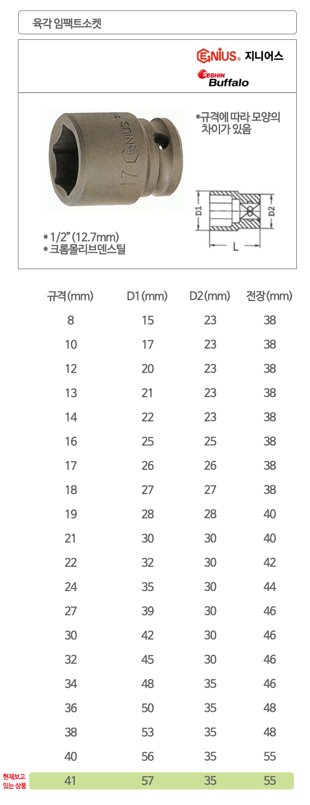 지니어스 육각 임팩트소켓 임팩소켓 복스알 1/2x41mm
