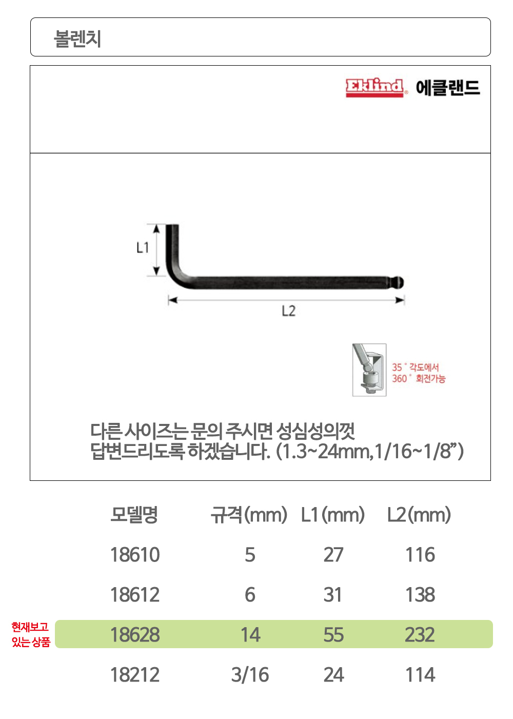 에클랜드 볼렌치 14mm 18628 육각렌치