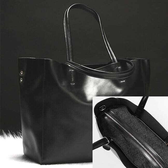 여자 데일리룩 가죽 숄더 크로스백 탈부착 이너 블랙 토트백 34x14x30cm