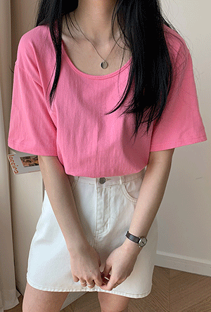 레클리 라운드넥 반팔 티셔츠 (화이트 핑크 소라 차콜) 베이직 레이어드 이너티 무지 기본