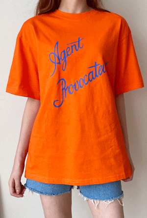 트렌디 컬러 레터링 반팔 티셔츠 롱 티셔츠 베이직 (아이보리 오렌지 블랙)