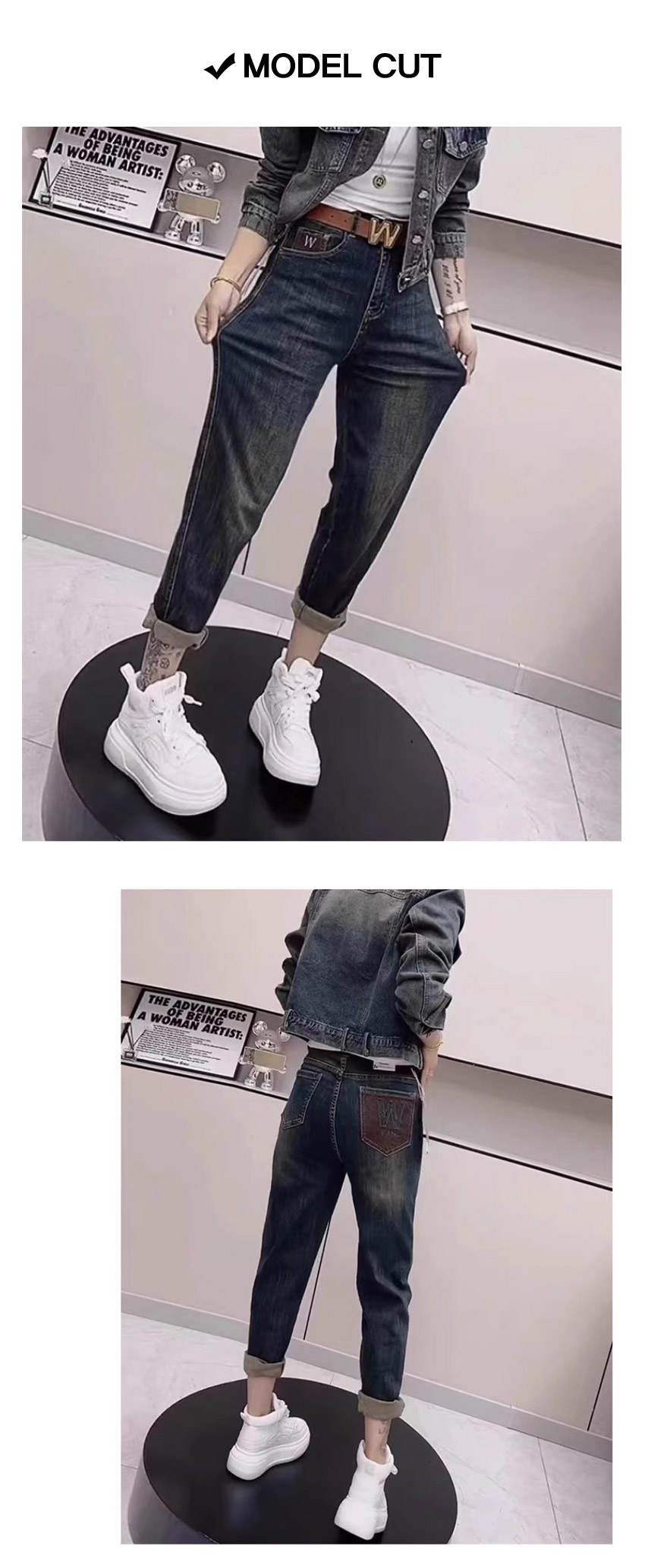 테이퍼드 데님 팬츠 모델 전후면 착용 이미지
