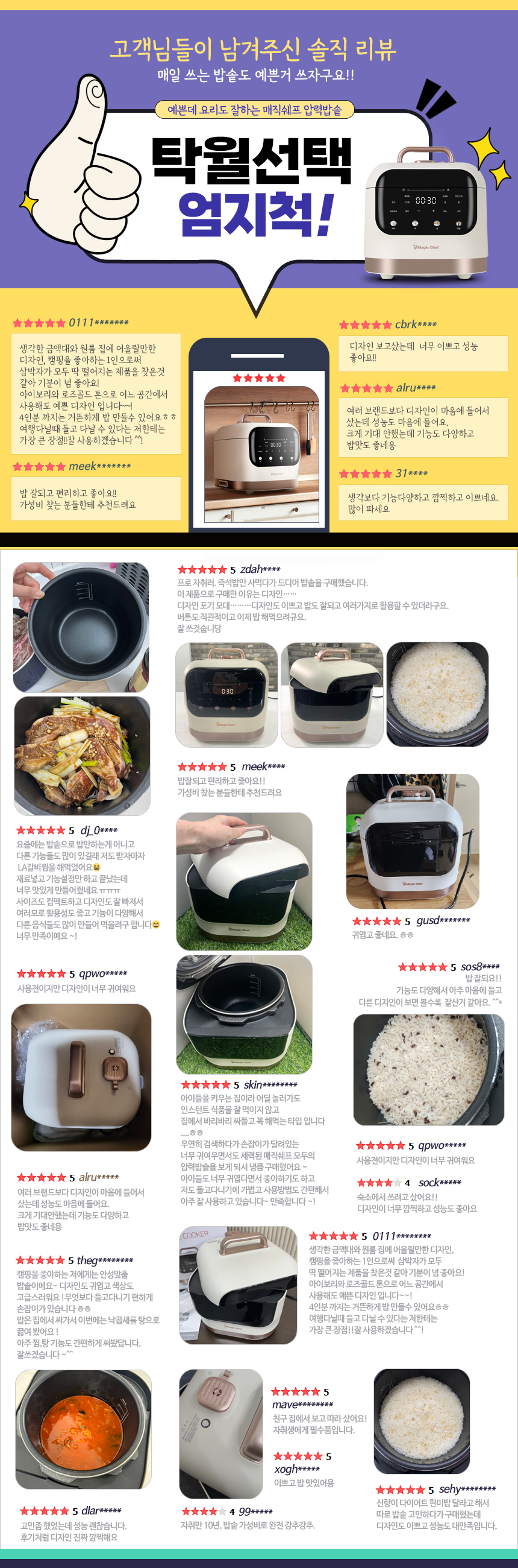Collage of positive customer reviews for the Magic Chef MRC-L30B, showing various dishes cooked and the product in use.